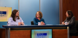 Alaska Public Media reporters Liz Ruskin and Eric Stone speak with host Lori Townsend at a desk.