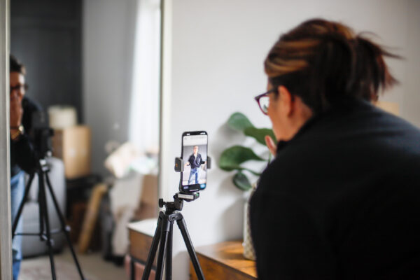 a woman looking at a phone