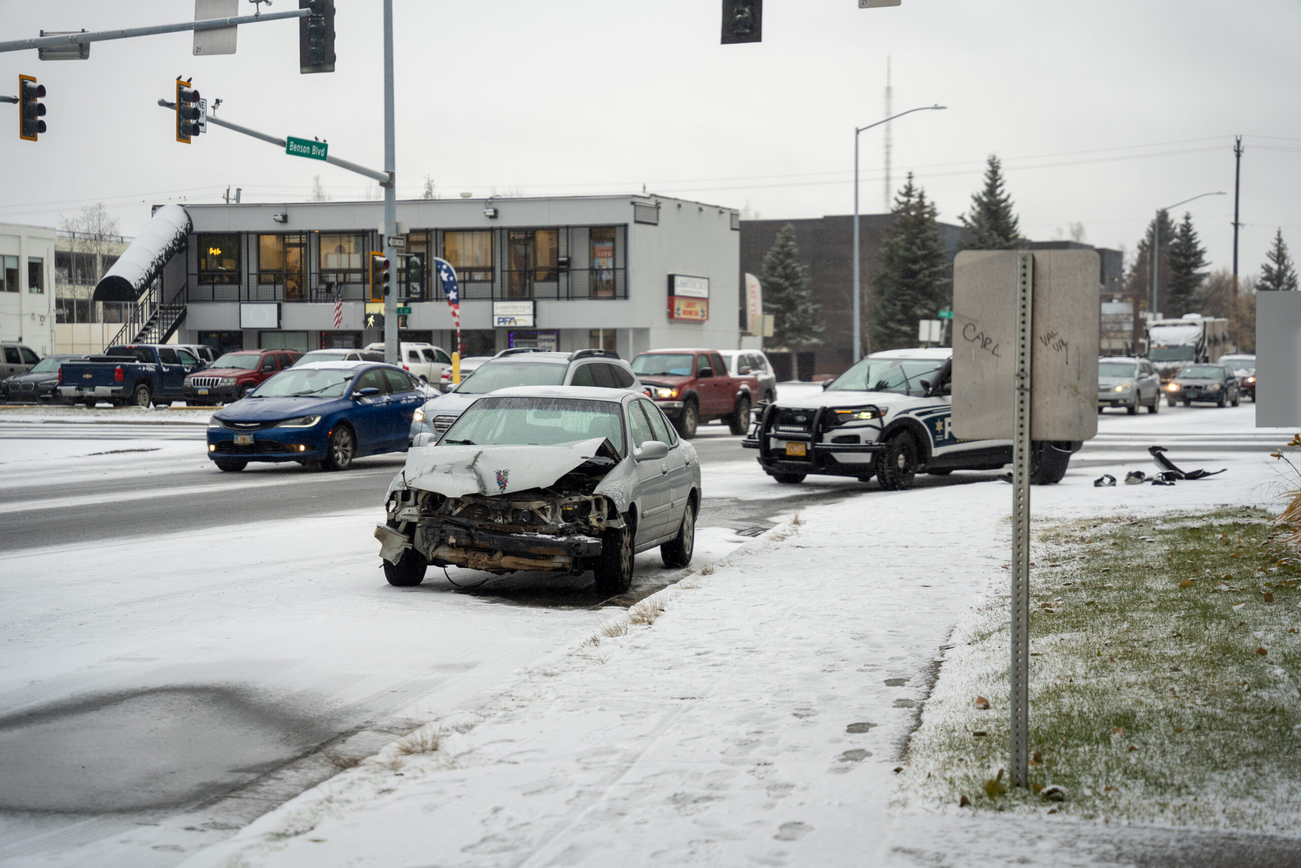 The first big snow of the season hits Southcentral, prompting warnings of slick roads