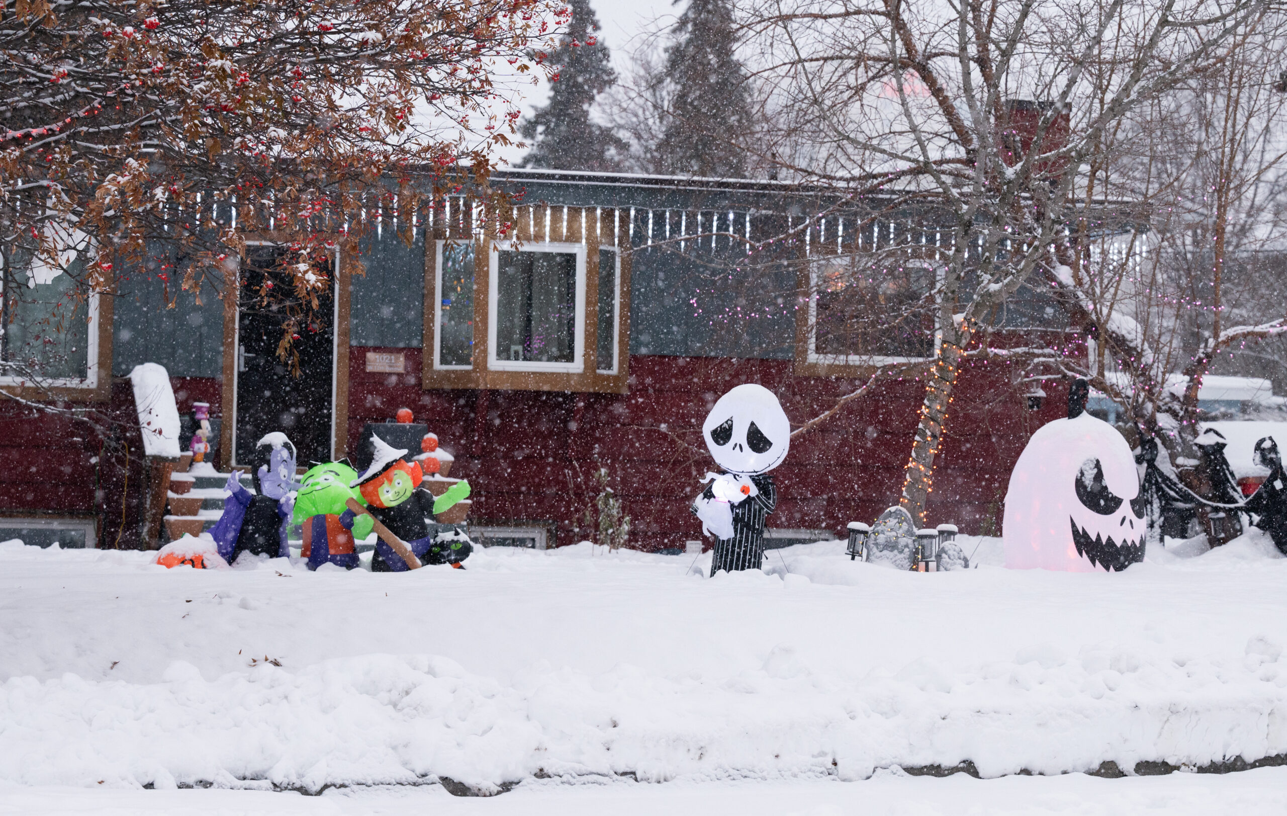 Snow hitting halloween ornaments.