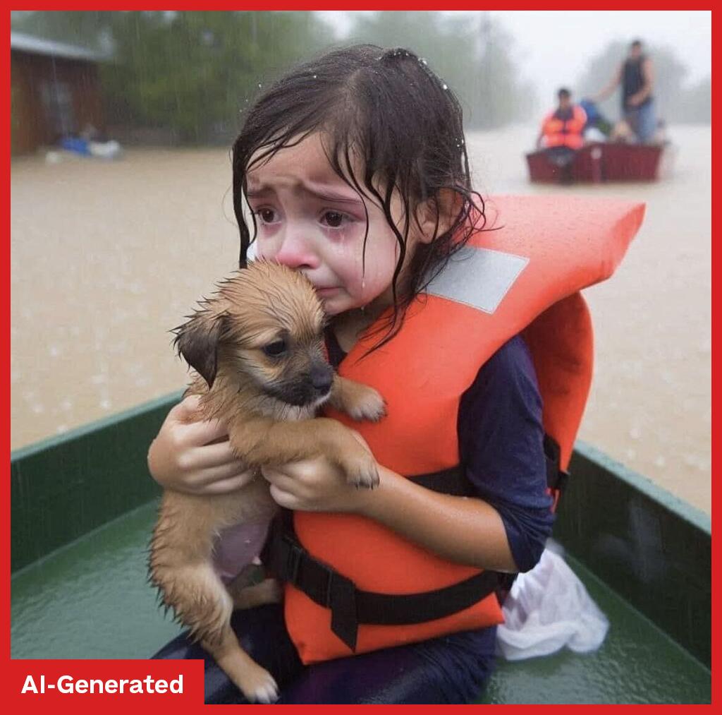 a girl holding a puppy, in a flood conditions