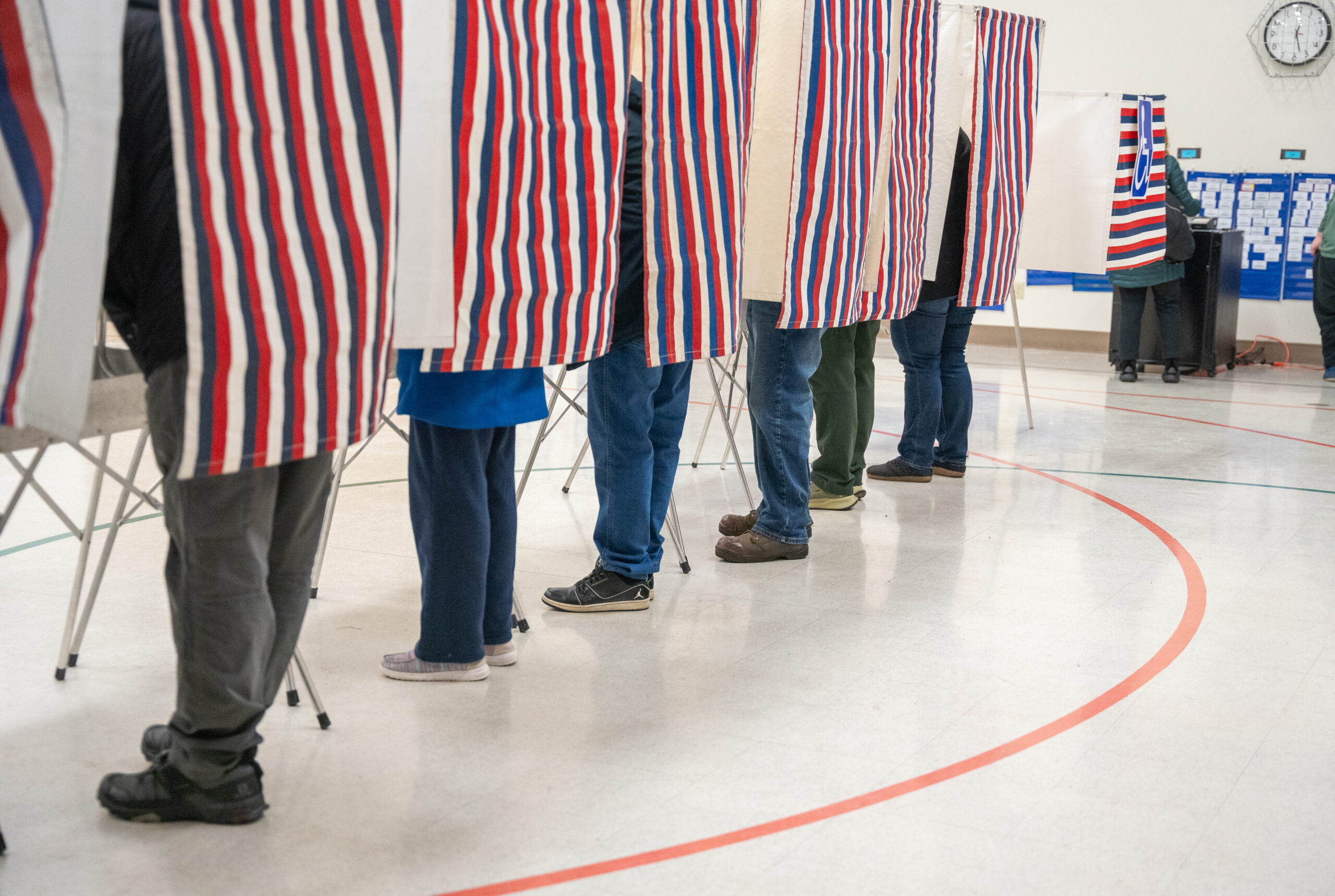 People voting in booths.