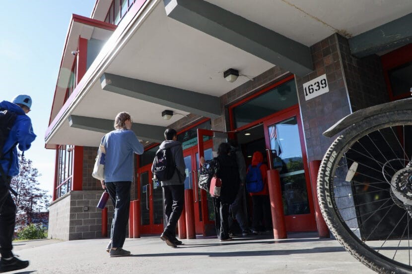 students entering a high school