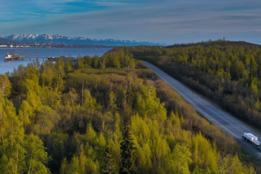 a road through the woods and next to water