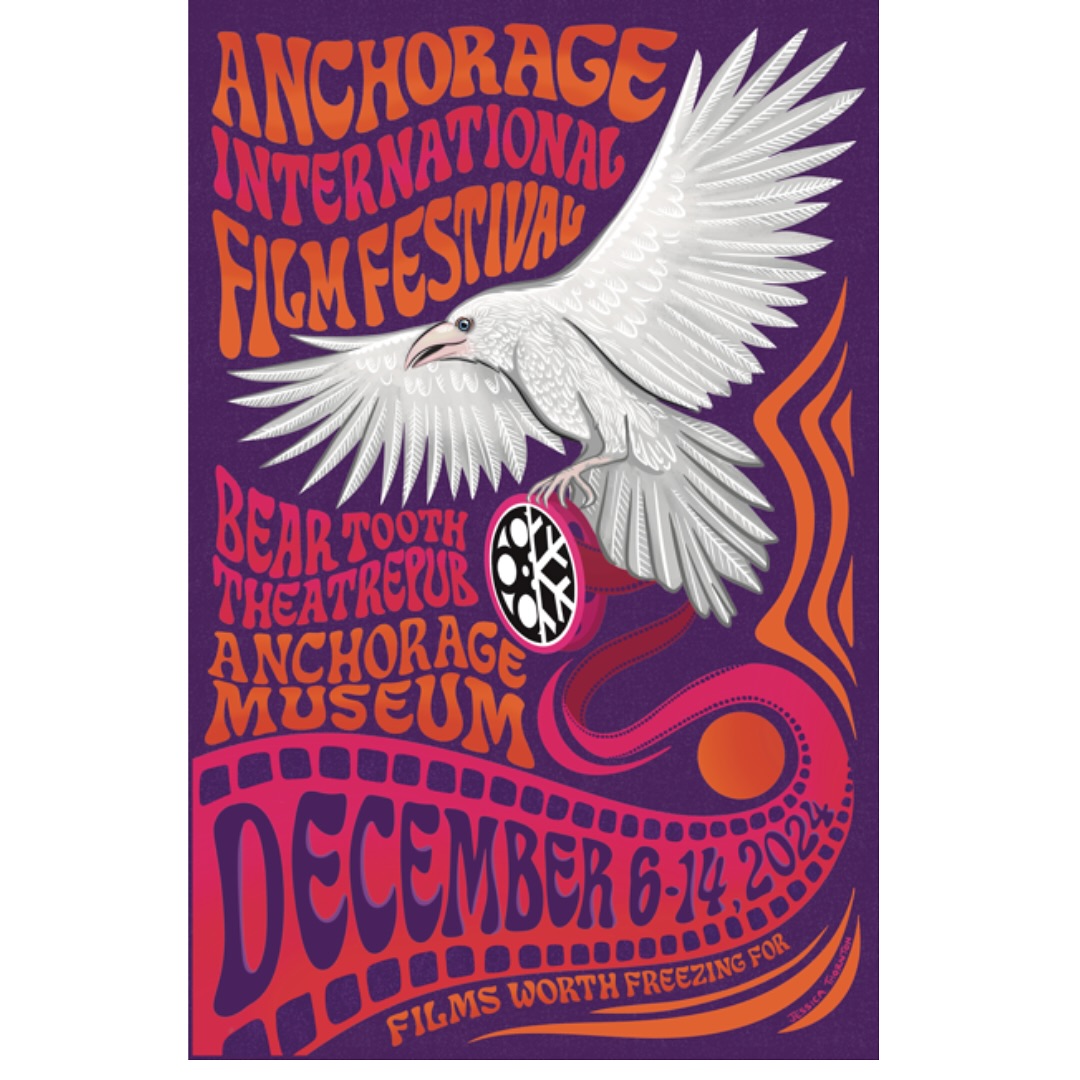 The 2024 poster for the Anchorage International Film Festival. The Artwork features the iconic white raven.